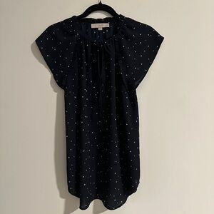 LOFT Navy Star Print Short Sleeve Ruffle Blouse